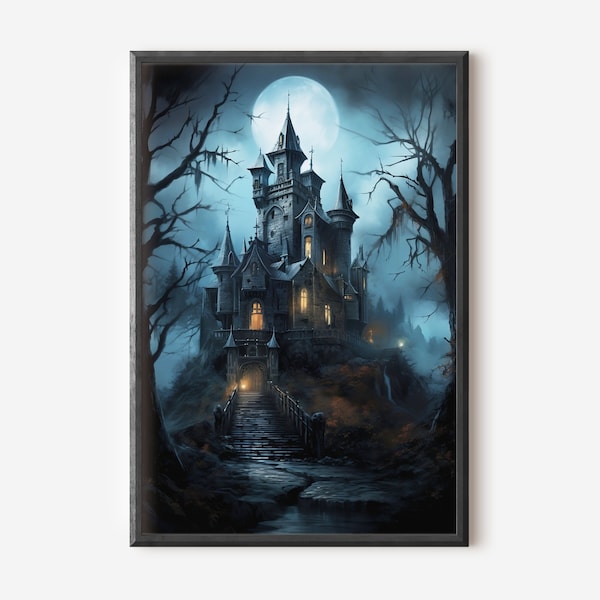 Impresión del arte del castillo embrujado Mansión embrujada Decoración de Halloween Casa embrujada Castillo de Drácula Arte espeluznante