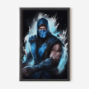 Puede incluir: Una ilustración digital de un personaje de videojuego, Sub-Zero, de la franquicia Mortal Kombat. Lleva un traje azul y negro con una máscara azul y está rodeado de una niebla azul y blanca.