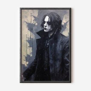Puede incluir: Una impresión artística enmarcada que presenta un retrato oscuro y estilizado de una persona con piel pálida y maquillaje oscuro. La persona lleva un abrigo negro y tiene el pelo largo y oscuro. El fondo tiene un diseño texturizado y abstracto con goteos.