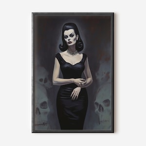 May include: A woman in a black dress stands in front of a dark background with skulls behind her. She has dark hair and is wearing a pearl necklace and a ring on her finger.