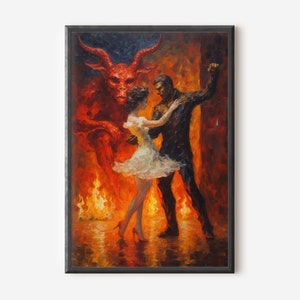 Op de afbeelding: Een schilderij van een stel dat danst in een vurige hel. De man draagt een donker pak en de vrouw een witte jurk. Op de achtergrond is een rode duivelfiguur te zien.