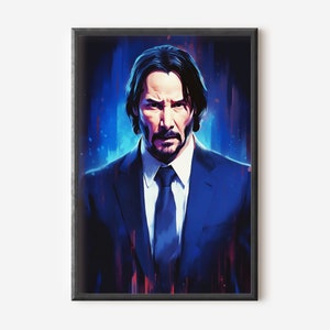 May include: A digital painting of a man in a blue suit and tie. The man has short dark hair and a serious expression. The background is a blue and purple abstract design.