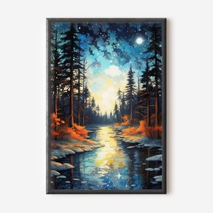 Nacht im Wald Kunstdruck Nachthimmel Dekor Mond Kunst Wald Wand Kunst Sternennacht Wandbehang Nachtlicht wunderlichen Wald