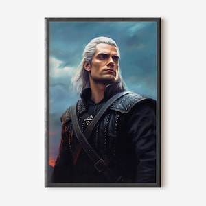 May include: A portrait of a man with long white hair and a beard. He is wearing a black leather jacket with a silver buckle. The background is a cloudy sky.