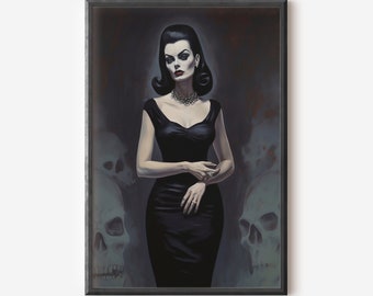 May include: A woman in a black dress stands in front of a dark background with skulls behind her. She has dark hair and is wearing a pearl necklace.