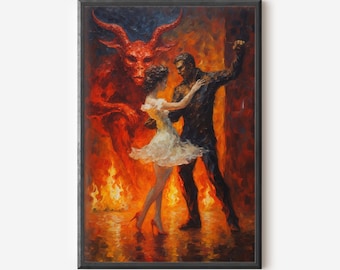 Dance With The Devil Oil Painting Art Print Digital Print Instant Download Dark Art Demon Wall Art Wall Decor Diablo Devil Art Original Art