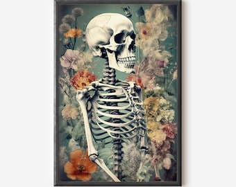 Skeleton Bloom Art Print Botanical Skeleton Home Decor Flowers Art Skeleton Portrait Art Dark Cottage Core Oddity Art Mothers Day Gift Dark