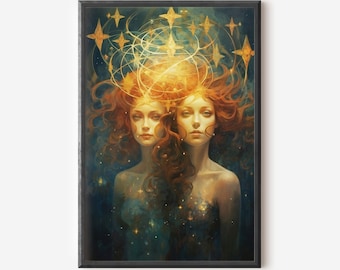 The Twins Gemini Star Sign Art Print Gemini Zodiac Wall Art Horoscope Poster Zodiac Print Spiritual Wall Art