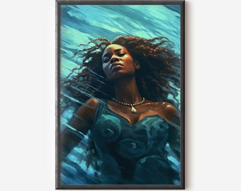 Könnte beinhalten: Eine Frau mit langen, dunklen Haaren schwebt in einem blauen und grünen, wasserartigen Hintergrund. Sie trägt ein türkisfarbenes Kleid und eine Perlenkette.