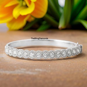 Stunning Moissanite Bangle Bracelet, 4 MM Round Cut Diamond Women's Bangle, Classic Halo Design Half Eternity Bangle, 18K White Gold Bangle