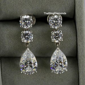 Moissanite Dangle Drop Earrings, 9.00 TCW Round & Pear Cut Diamond Wedding Earrings, 14K Gold Bridal Drop Earrings, Screw Back Earrings