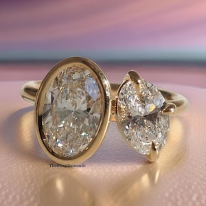 Toi Et Moi Ring, 3.25 TCW Oval Cut Moissanite Wedding Ring, Bezel And Prong Setting Diamond Ring, 14k Yellow Gold Ring, Anniversary Gift