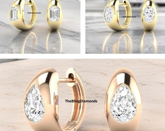 14K Gold Dome Huggie Earrings, Moissanite Diamond Hoop Earrings, Flush Set Solitaire Diamond Earrings, Classic Earrings, Anniversary Gift