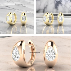 14K Gold Dome Huggie Earrings, Moissanite Diamond Hoop Earrings, Flush Set Solitaire Diamond Earrings, Classic Earrings, Anniversary Gift