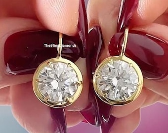 Dangle Drop Earrings, 5. TCW Round Cut Moissanite Diamond Wedding Earrings, Simple Solitaire Earrings, Bezel & Prong Set Earrings, 18K Gold