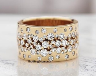 Diamond Cigar Band, Flush & Prong Set Moissanite Band, Full Eternity Diamond Wide Band Ring, 10k/14k/18k Gold Band For Women&#39;s, Wedding Band