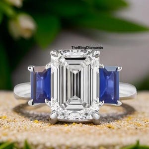 Three Stone Women&#39;s Ring, Emerald Cut Moissanite And Blue Sapphire Gemstone Wedding Ring, 10K Gold Engagement Ring, September Birthstone