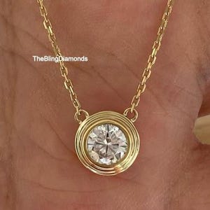 Stunning Triple Bezel Setting Solitaire Diamond Necklace, 6mm Round Cut Moissanite Pendant Necklace, 18K Yellow Gold Daily Wear Necklace