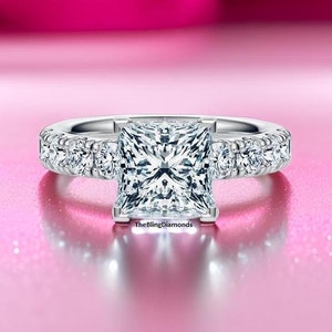 7 MM Princess Cut Moissanite Diamond Engagement Ring, Hidden Halo Wedding Ring, 18K White Gold Ring, Pave Setting Ring, Party Wear Ring Gift