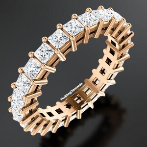 5.4 TCW Princess Cut Moissanite Wedding Band, Bubble Prong Setting Diamond Band, Stunning Full Eternity Band, Matching Band In 18K Rose Gold