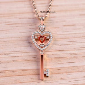 Heart Shape Key Pendant, 4 MM Heart Cut Red Ruby Gemstone Pendant, Micro Pave Set Diamond Pendant, 14K Rose Gold Charm Pendant, Only Pendant