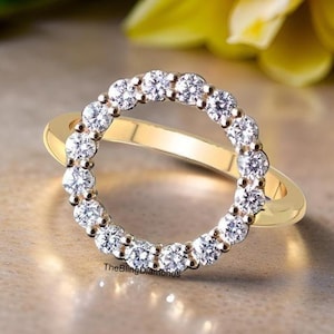 Open Circle Ring, 2.00 MM Round Cut Moissanite Diamond Engagement Ring, Shared Prong Set Wedding Ring, 14K Yellow Gold Ring, Unique Ring