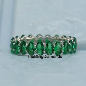 Emerald Gemstone Full Eternity Band, 6.5TCW Oval Cut Green Emerald Gemstone Wedding Band, 10K White Gold Band, Stacking Band, May Birthstone
