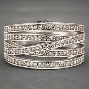 14K White Gold Band, Stunning 1.50 MM Round Cut Moissanite Band, Crossover Moissanite Diamond Half Eternity Band, Criss Cross Wedding Band