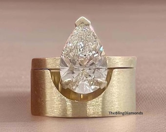 Pear Cut Moissanite Diamond Solitaire Ring, With Cigar Wedding Band, Unique Wide Cut Out Design Band, 14K Gold Satin Finish Bridal Ring Set