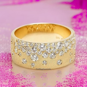 Gorgeous Scattered Diamond Cigar Band, Round Cut Lab Grown Diamond Wedding Band, Flush Set Half Eternity Band, 14K Matte Finish Gold Band