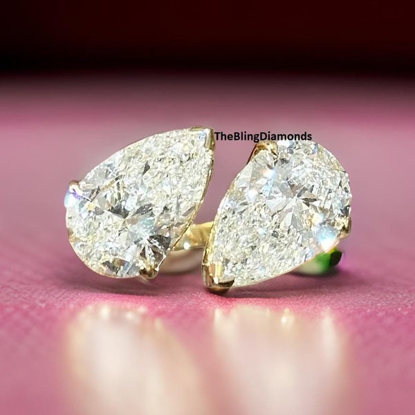 Double Pear Cut Moissanite Diamond Ring, Toi Et Moi (You And Me) Engagement Ring, Open Shank Daily Wear Ring, Classic Ring In Yellow Gold