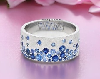 Scattered Sapphire Cigar Band, Round Cut Flush Set Sapphire Gemstone Band, 10k White Gold Satin Finish Band, Wide Band For Wedding Bridal