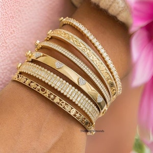 14K Gold Half Eternity Diamond Bangle, 2-Row Pave Set Moissanite Bangle, Diamond Heart Bangle, Multi Shape Icon Bangle Bridal Wedding Bangle