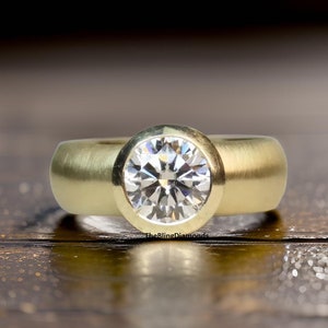 Bezel Setting Solitaire Diamond Ring, 18K Yellow Gold Ring, Wide Band Simple Daily Wear Ring Round Cut Moissanite Diamond Ring For Her