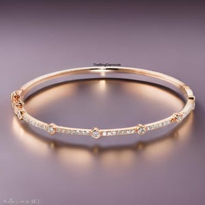 Bezel And Pave Set Diamond Half Eternity Bangle, Round Cut Lab Grown Diamond Wedding Bangle, 10K Rose Gold Bangle, Women&#39;s Bangle Bracelet