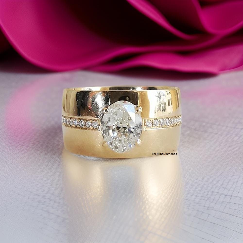 Wide Band Ring, 9x7mm Oval Cut Colorless Moissanite Diamond Ring, Micro Pave Setting Unique Ring, Women's Wedding Ring, 10K Yellow Gold Ring