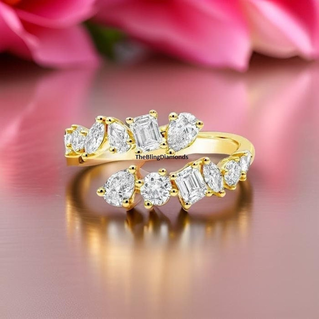 Multi Based Ring Multi Shape Diamond Ring, 18k Solid Gold Bypass Ring, Wrap Multi Shape ...