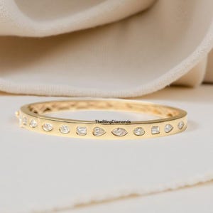 Stunning Multi Shape Diamond Bangle, 5.8TCW Moissanite Wedding Bangle, Cluster With Flush Set Bangle, 18K Yellow Gold Bangle, Women's Bangle