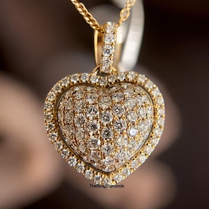 Round Cut Natural Diamond Engagement Pendant, Heart Shape Pendant For Women, Diamond Halo Pendant In 18K Gold, Only Pendant Without Chain