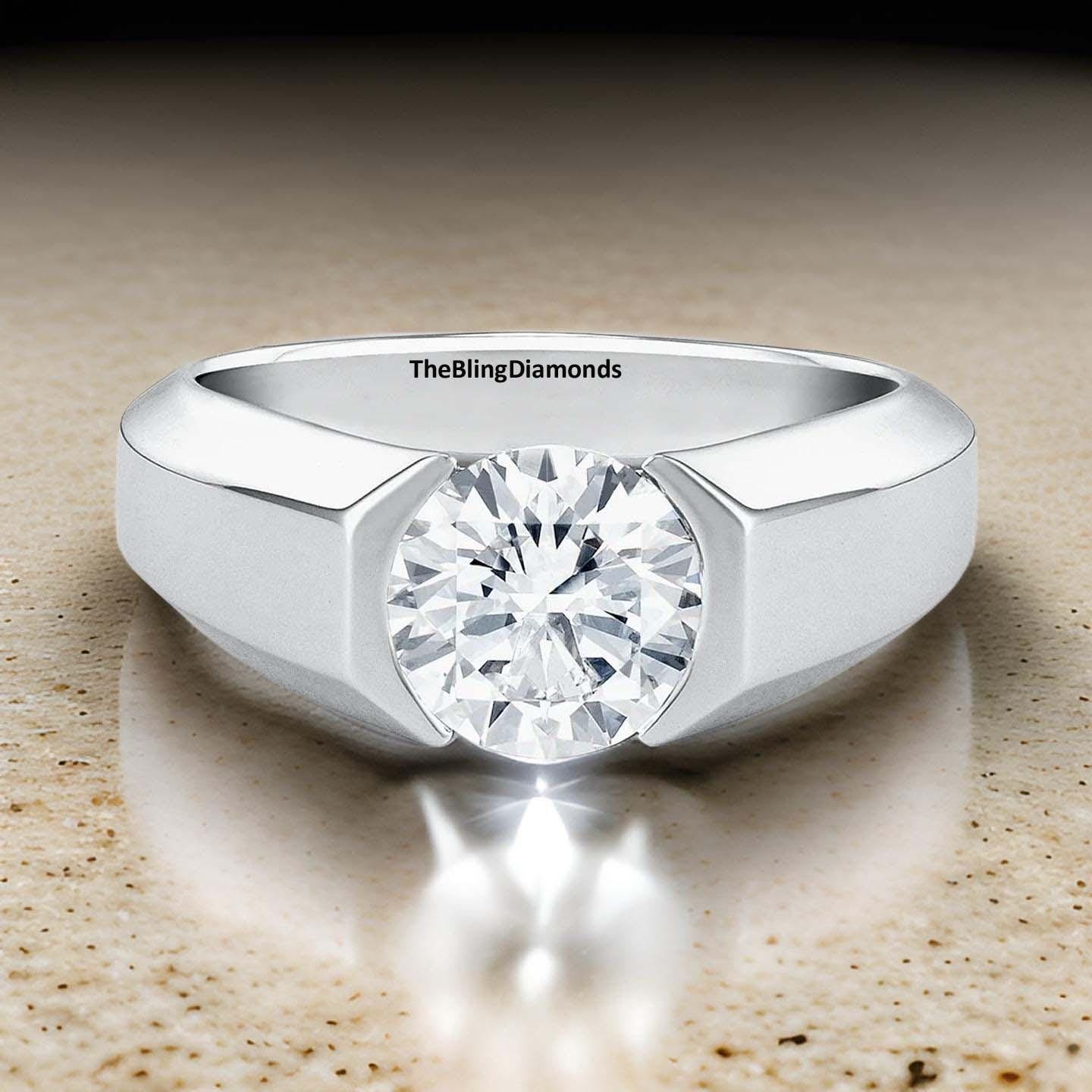 Solitaire Diamond Men's Ring, 2 Ct Round Cut Colorless Moissanite — free download