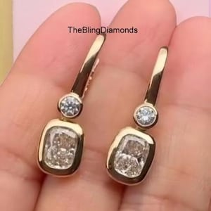 Elongated Cushion & Round Cut Moissanite Diamond Dangle Drop Earrings, Bezel Set With Two Stone Earrings, Lever Back Earrings In 14K Gold