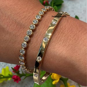 Bezel Setting 4 MM Round Cut Moissanite Tennis Bracelet, Flush Set 3.50 MM Round Diamond Half Eternity Bangle, Wedding Bracelet In 18k Gold