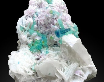 May include: A cluster of aquamarine crystals with a green hue, set in a matrix of white albite and pink lepidolite.