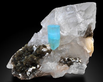 アクアマリン標本、アルバイト鉱物標本に雲母を載せた天然アクアマリン