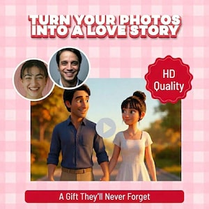 Puede incluir: Imagen promocional con el texto "TURN YOUR PHOTOS INTO A LOVE STORY" y "A GIFT THEY'LL NEVER FORGET". La imagen presenta una pareja de dibujos animados tomados de la mano, con dos retratos en la parte superior. Una insignia roja dice "HD Quality".