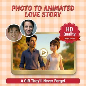 Op de afbeelding: Een advertentie voor een service die foto's omzet in geanimeerde liefdesverhalen. De afbeelding toont een cartoonkoppel dat elkaars hand vasthoudt, met een afspeelknop in het midden. De tekst luidt "Photo to Animated Love Story" en "A Gift They'll Never Forget."