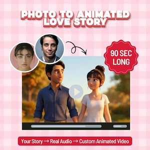 Könnte beinhalten: Werbung für einen Dienst, der animierte Liebesgeschichten erstellt. Das Bild zeigt zwei Porträts, die in ein animiertes Paar übergehen. Der Text enthält "PHOTO TO ANIMATED LOVE STORY" und "90 SEC LONG". Das untere Banner lautet "Your Story → Real Audio → Custom Animated Video".