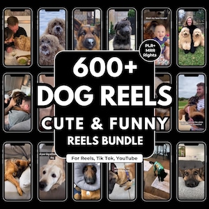 以下が含まれることがあります： 複数の犬が表示されたスマートフォン画面が特徴のデジタル製品バンドルの広告です。中央のグラフィックには「600+ DOG REELS CUTE & FUNNY REELS BUNDLE」と「For Reels, Tik Tok, YouTube」というテキストが表示されています。画像には「Meet my best friend!」と「PLR+ MRR Rights」というテキストも含まれています。