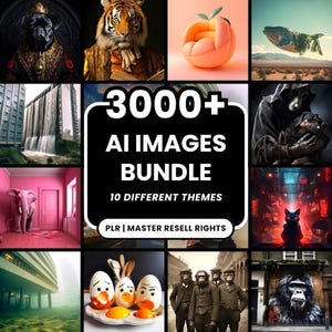 Può includere: Una raccolta di immagini generate dall'IA, che mostrano diversi temi. L'immagine centrale presenta il testo "3000+ AI IMAGES BUNDLE" con "10 DIFFERENT THEMES" e "PLR | MASTER RESELL RIGHTS" sotto. Le immagini circostanti includono un carlino con corona, una tigre in abito e una sedia a forma di pesca surreale.