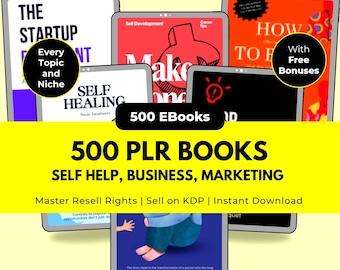 Mega Bundle di 500 eBook con diritti di rivendita PLR e MRR, dedicati a business, marketing, auto-aiuto, finanza e lifestyle, per KDP, Etsy e vendite online.